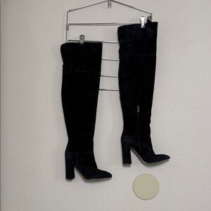 Black Suede Over-the-Knee Block Heel Boots